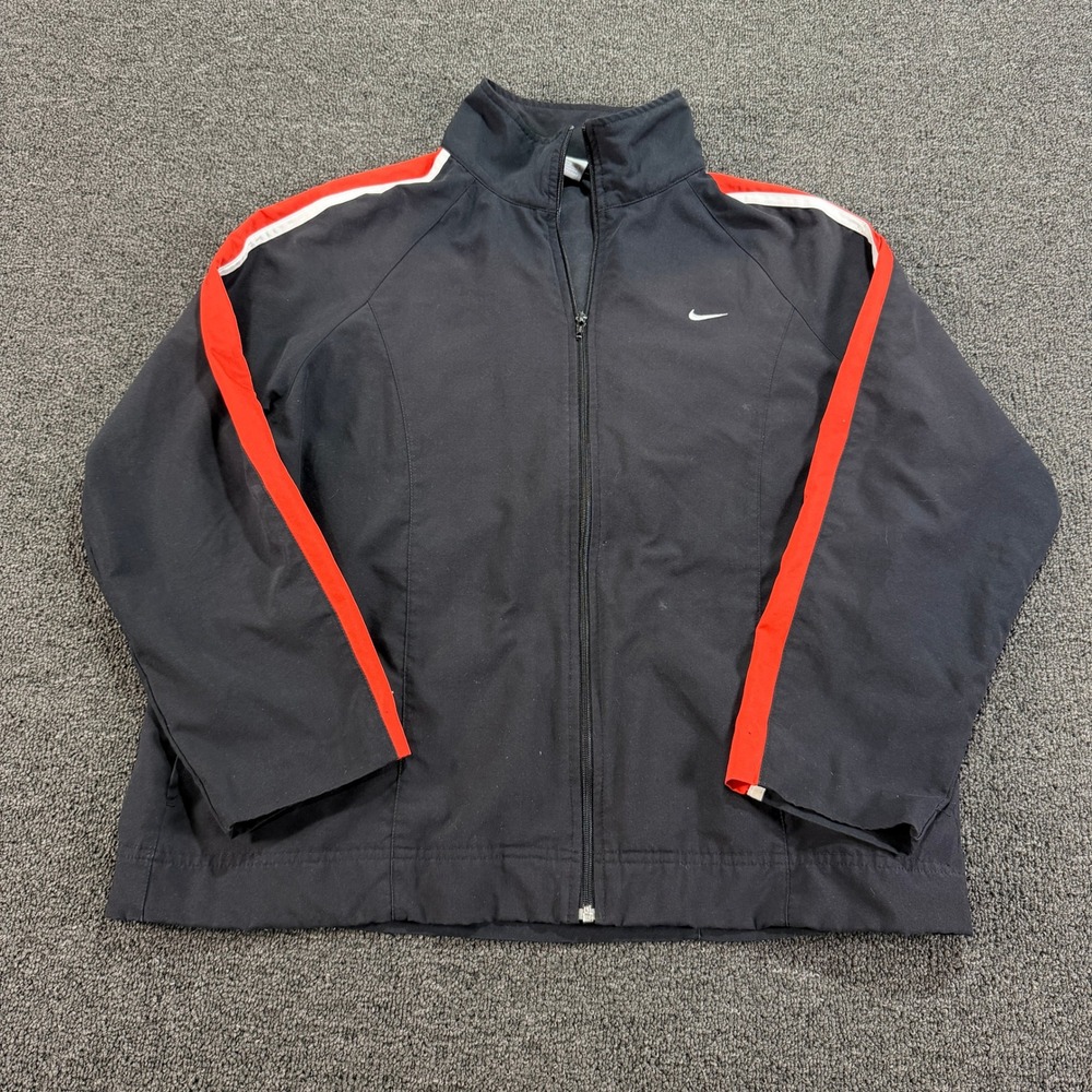 Nike Track Jacket Girls L Black Red White Stripe Full Zip EUC